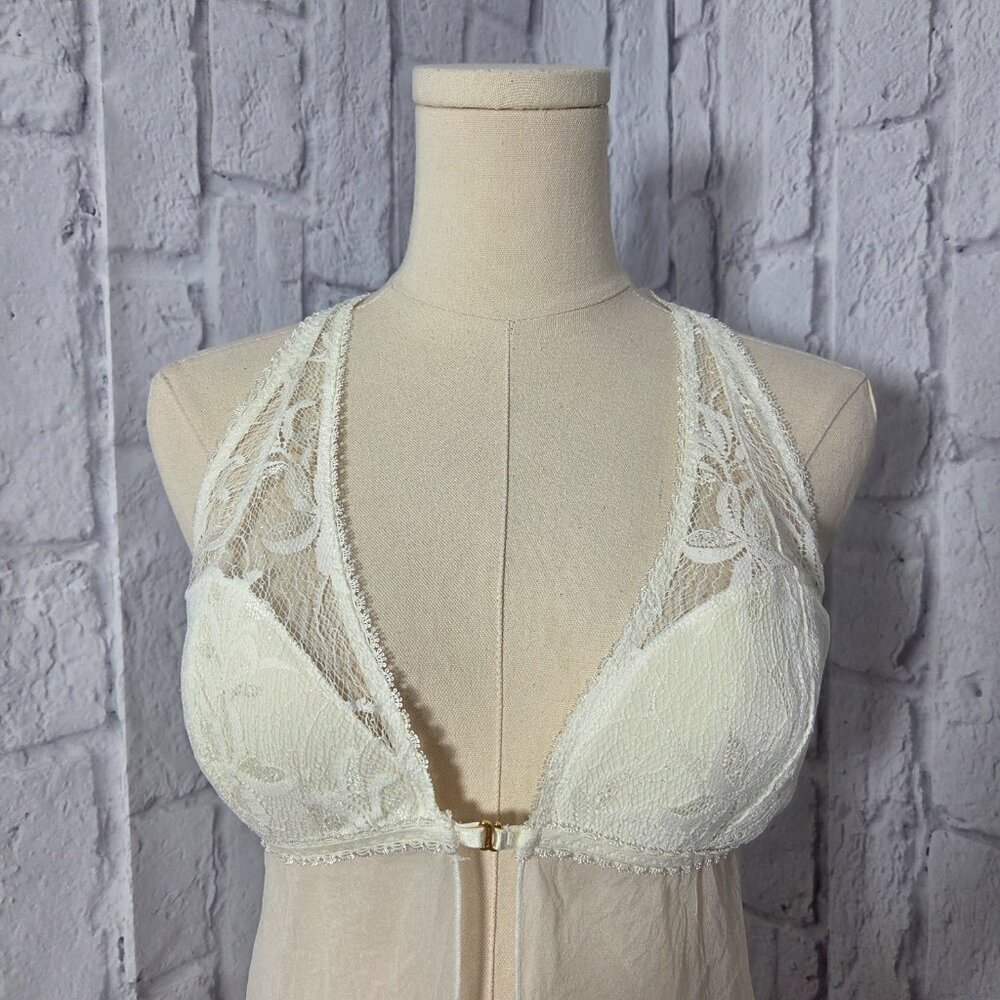Victoria's Secret Large White Lace Trim 100% Silk Chiffon Babydoll Chemise Gown - Picture 2 of 12